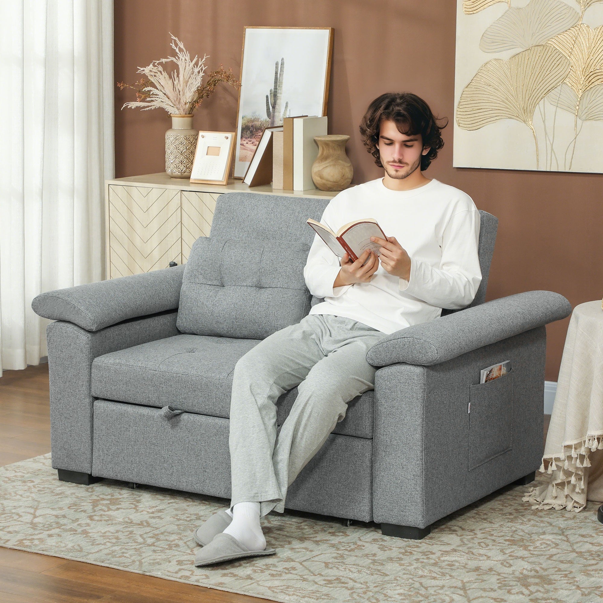 HOMCOM Pull Out Sofa Bed with 2 Pocket Springs, Fabric 2 Seater Click Clack Sofa Bed Settee, Convertible Sofa Couch with Pillows and Side Pockets for Living Room, Home Office, Light Grey 