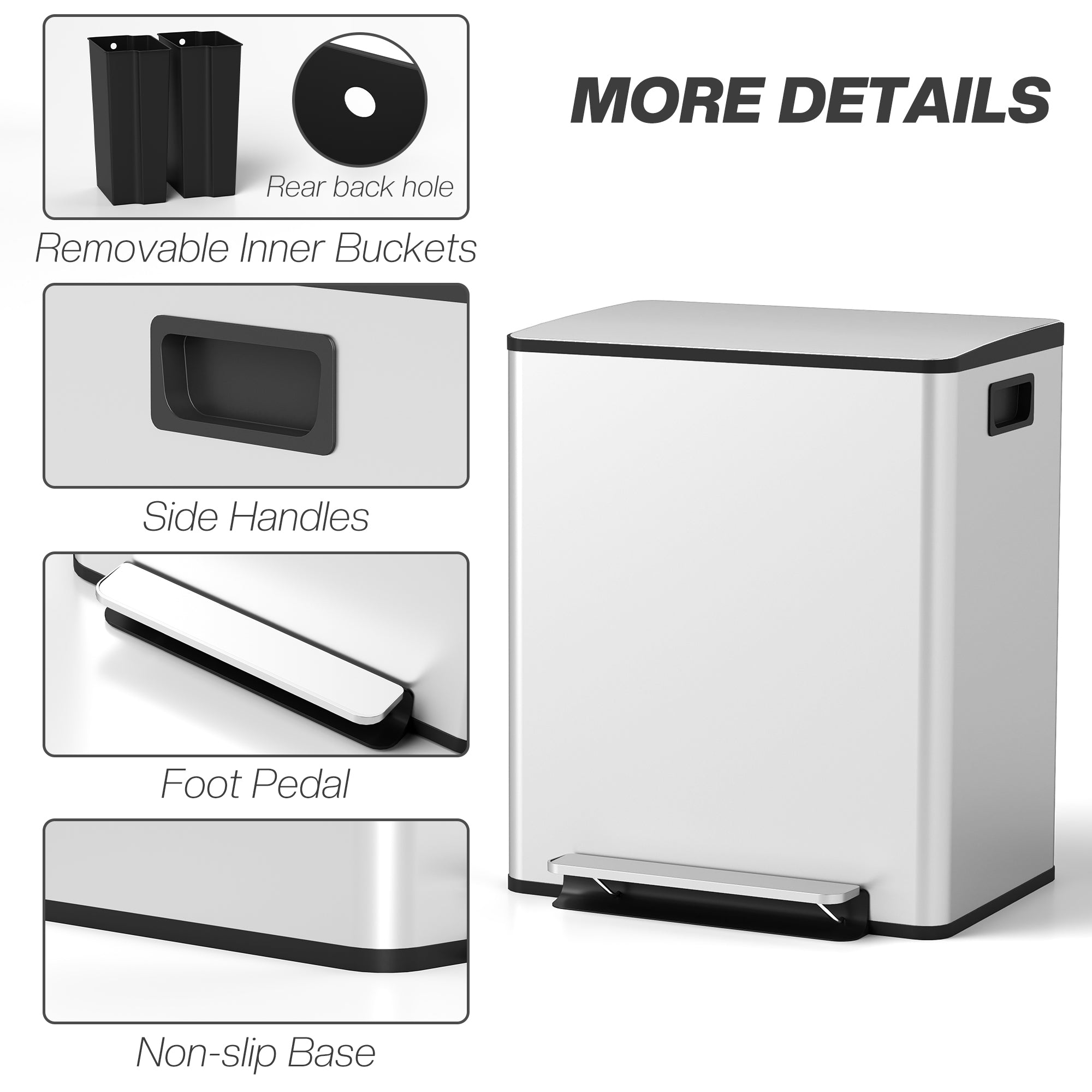 HOMCOM 50L Dual Compartment Stainless Steel Bin, with Deodoriser Holders - Silver 