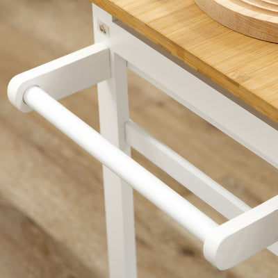 HOMCOM Kitchen Island Set with 2 Stools, Bamboo Breakfast Cart with Drop Leaf Top, Drawers and Towel Rack, Rolling Kitchen Cart and Chairs Set, White 