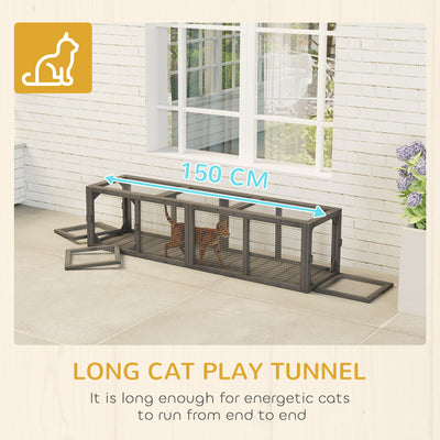 PawHut Outdoor Cat Tunnel, Wooden Play Cat Enclosure, Extendable Pet Run with 3 Doors, for Indoor and Outdoor Use, Grey 