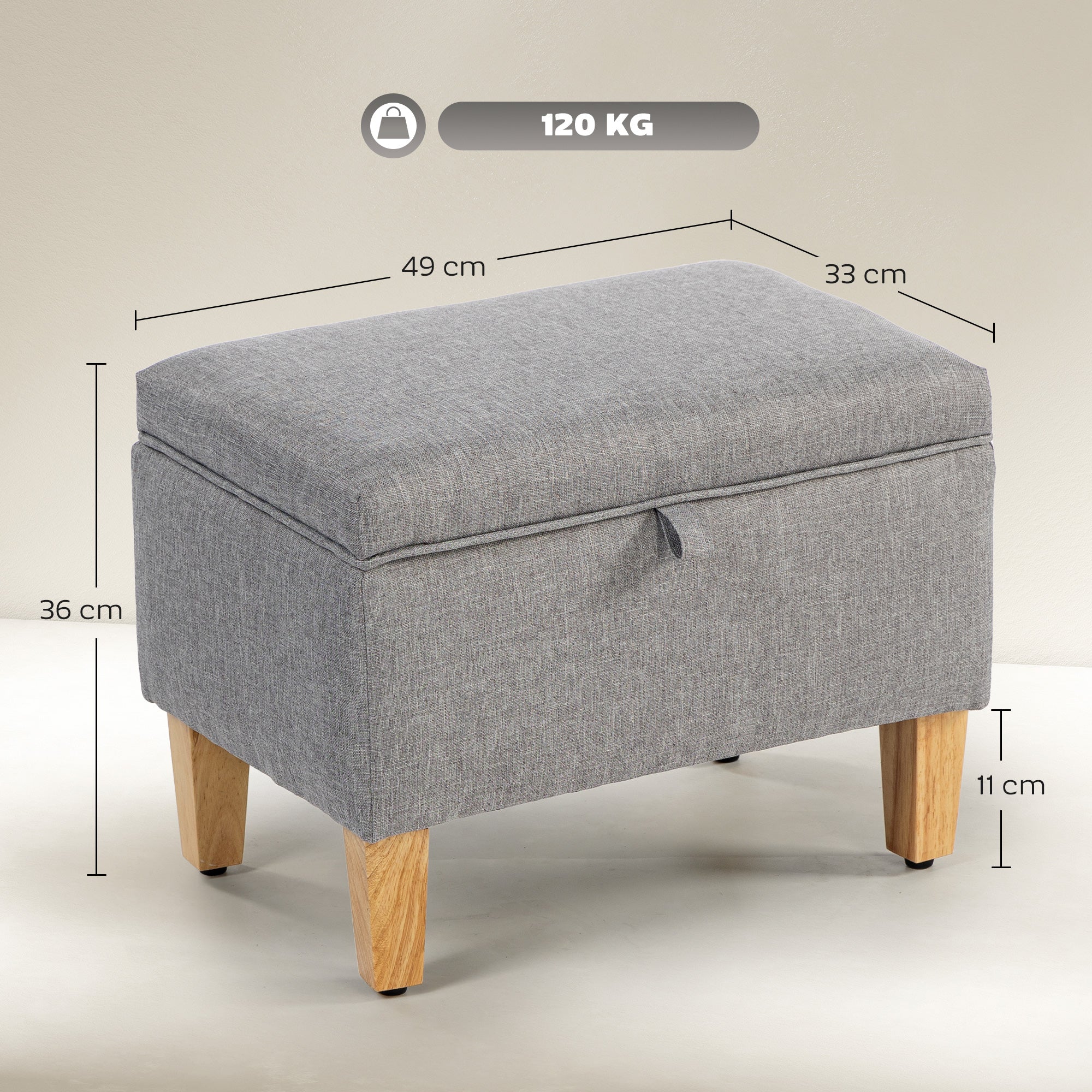 HOMCOM 16L Linen Storage Ottoman Padded Footstool with Rubberwood Legs for Storage Box, Bed End, Shoe Bench, Seating, Light Grey