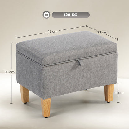 HOMCOM 16L Linen Storage Ottoman Padded Footstool with Rubberwood Legs for Storage Box, Bed End, Shoe Bench, Seating, Light Grey