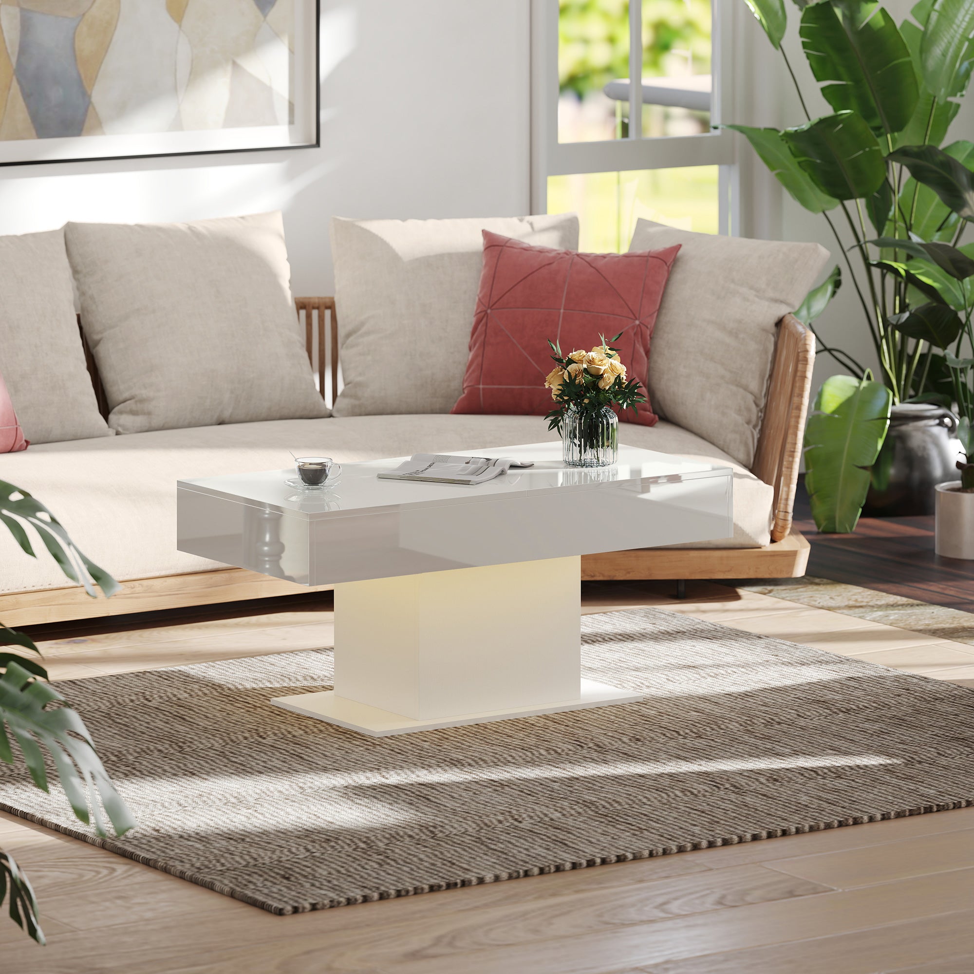 HOMCOM Extendable Coffee Table with LED Lights and Storage - High Gloss White 