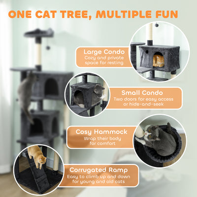 PawHut 180cm Large Cat Tree Tower with Sisal Scratching Posts, Condos, Plush Perches, Hammock, Ladder, Dark Grey 