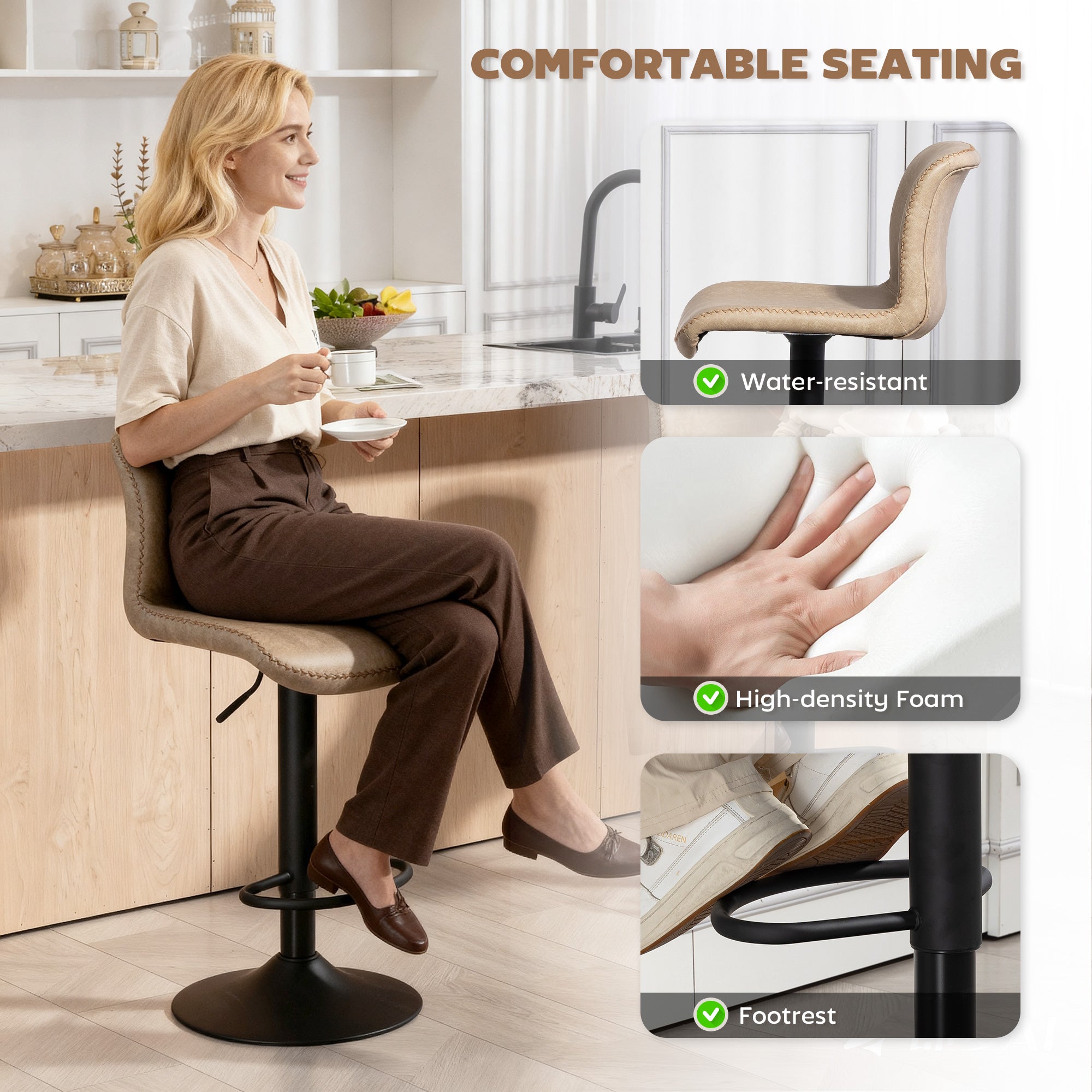 HOMCOM Bar Stools Set of 2, PU Leather Barstools with Backrest and Footrest for Kitchen, Counter, Breakfast Bar, Light Brown 
