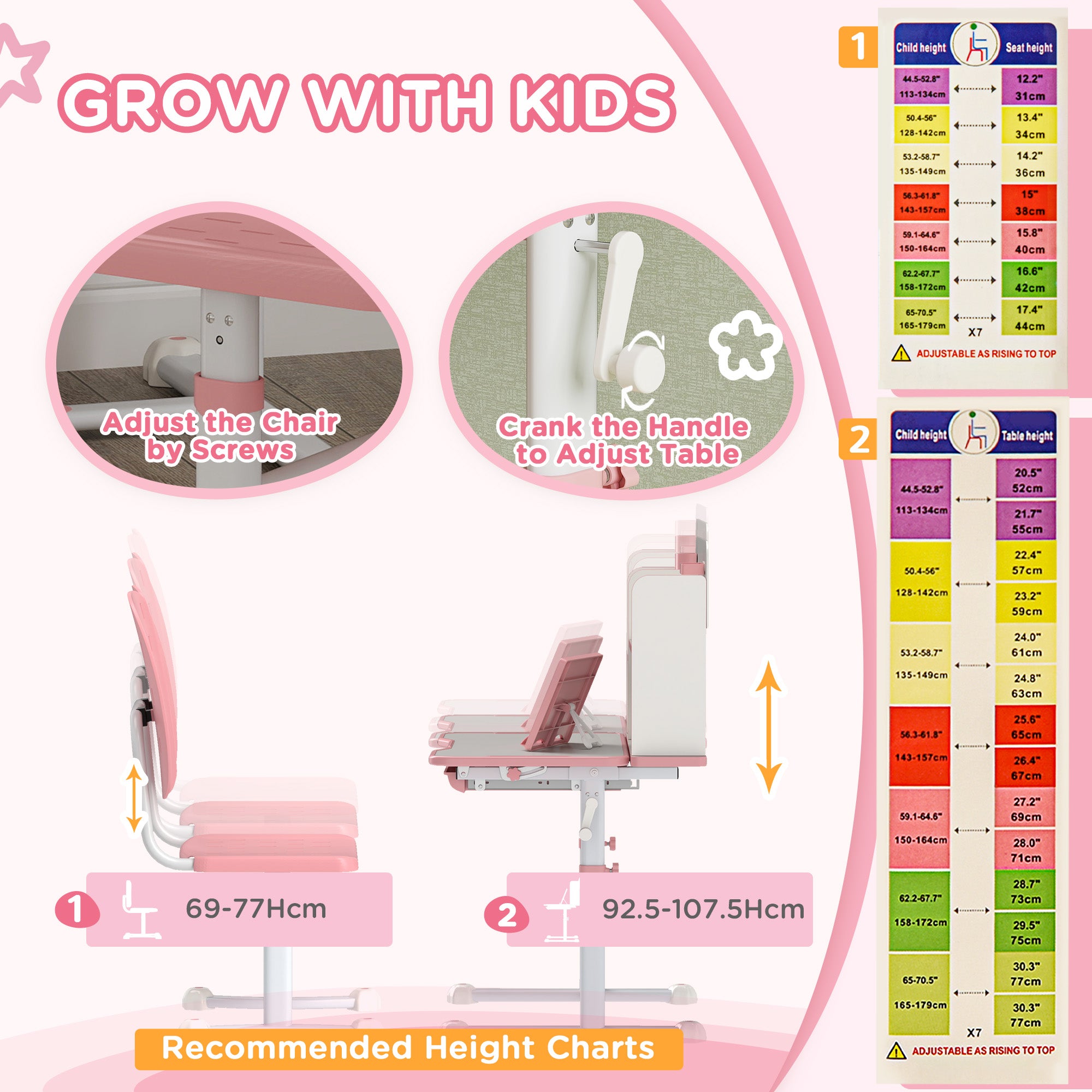 AIYAPLAY Height Adjustable Kids Desk and Chair Set, Children School Study Desk with Tiltable Desktop, Reading Rack,  Pink 