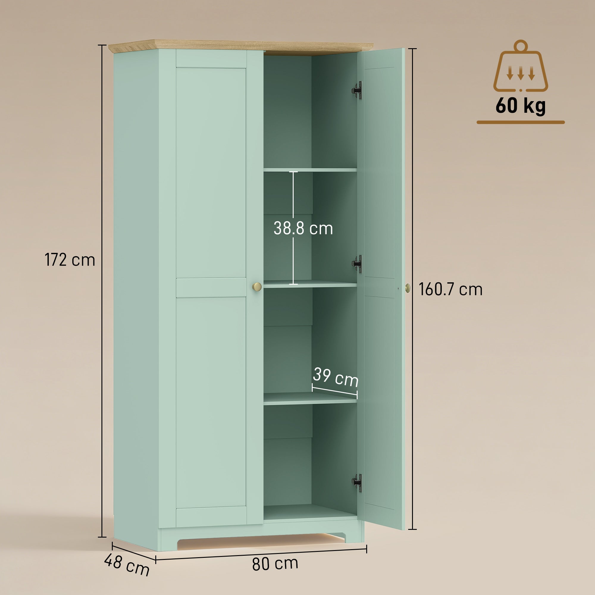 HOMCOM Kitchen Cupboard, 172cm Freestanding Storage Cabinet with Doors and Shelves, Light Green 