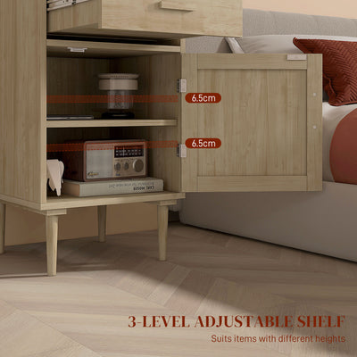 HOMCOM Bedside Table, Rattan Side Tables with Drawer, Cabinet and Adjustable Shelf, Boho Bedside Cabinet with Storage for Bedroom, Living Room, Natural Wood Effect 