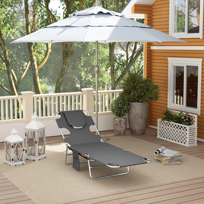 Outsunny Foldable Sun Lounger Set of 2, Beach Chaise Lounge with Reading Hole, Arm Slots, 5-Position Adjustable Backrest, Side Pocket, Pillow for Garden, Beach, Pool, Dark Grey 