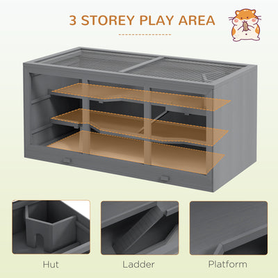 PawHut Wooden Hamster Cage, Small Animals Hutch with Tray, Openable Top, Exercise Play House Pen, 115L x 57W x 55Hcm, Grey 