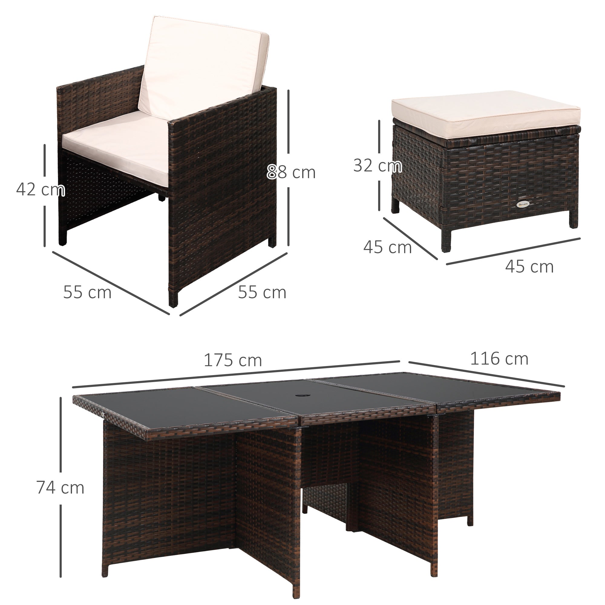 Outsunny 10 Seater Rattan Cube Garden Furniture Set with Parasol Hole, Rattan Dining Set with Cushions, Outdoor Dining Table and Chairs with Rectangular Glass Top Table for Patio, Mixed Brown 