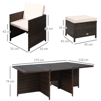 Outsunny 10 Seater Rattan Cube Garden Furniture Set with Parasol Hole, Rattan Dining Set with Cushions, Outdoor Dining Table and Chairs with Rectangular Glass Top Table for Patio, Mixed Brown 