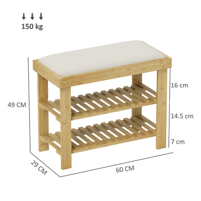 HOMCOM Bamboo Shoe Storage Bench, 3-Tier Shoe Bench with Seat Cushion, Shoe Rack for Entryway, Hallway, Living Room, Bedroom, Cream White 