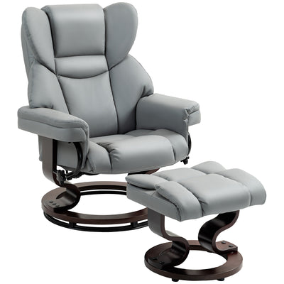 HOMCOM Faux Leather Recliner Chair and Footstool, Swivel Upholstered Armchair and Footstool with Adjustable Backrest, Solid Wood Base for Living Room, Light Grey 