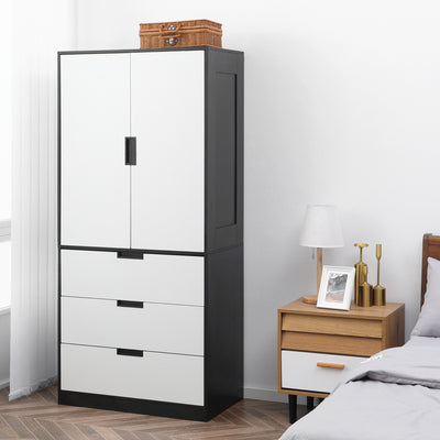 HOMCOM 2 Door Wardrobe, Modern Wardrobe with 3 Drawers and Hanging Rod for Bedroom, Black 