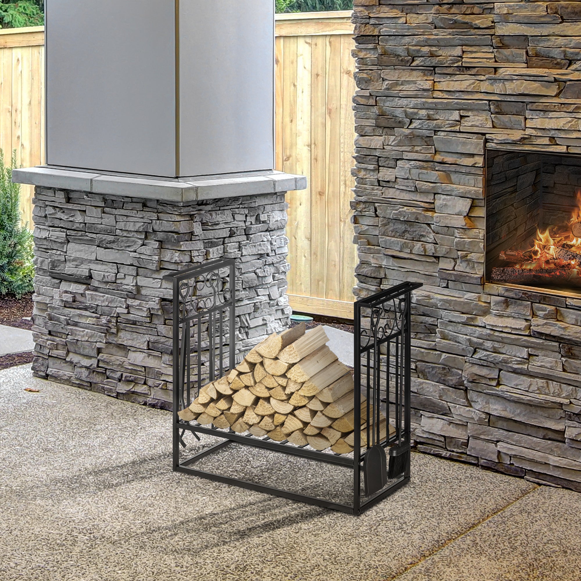 HOMCOM Steel Firewood Log Holder Indoor Outdoor Firewood Rack Fireplace Wood Storage Shelf with 4 Tools, Hooks, Scrolls, Rust-Resistant, Black, 75L x 30W x 60H cm 