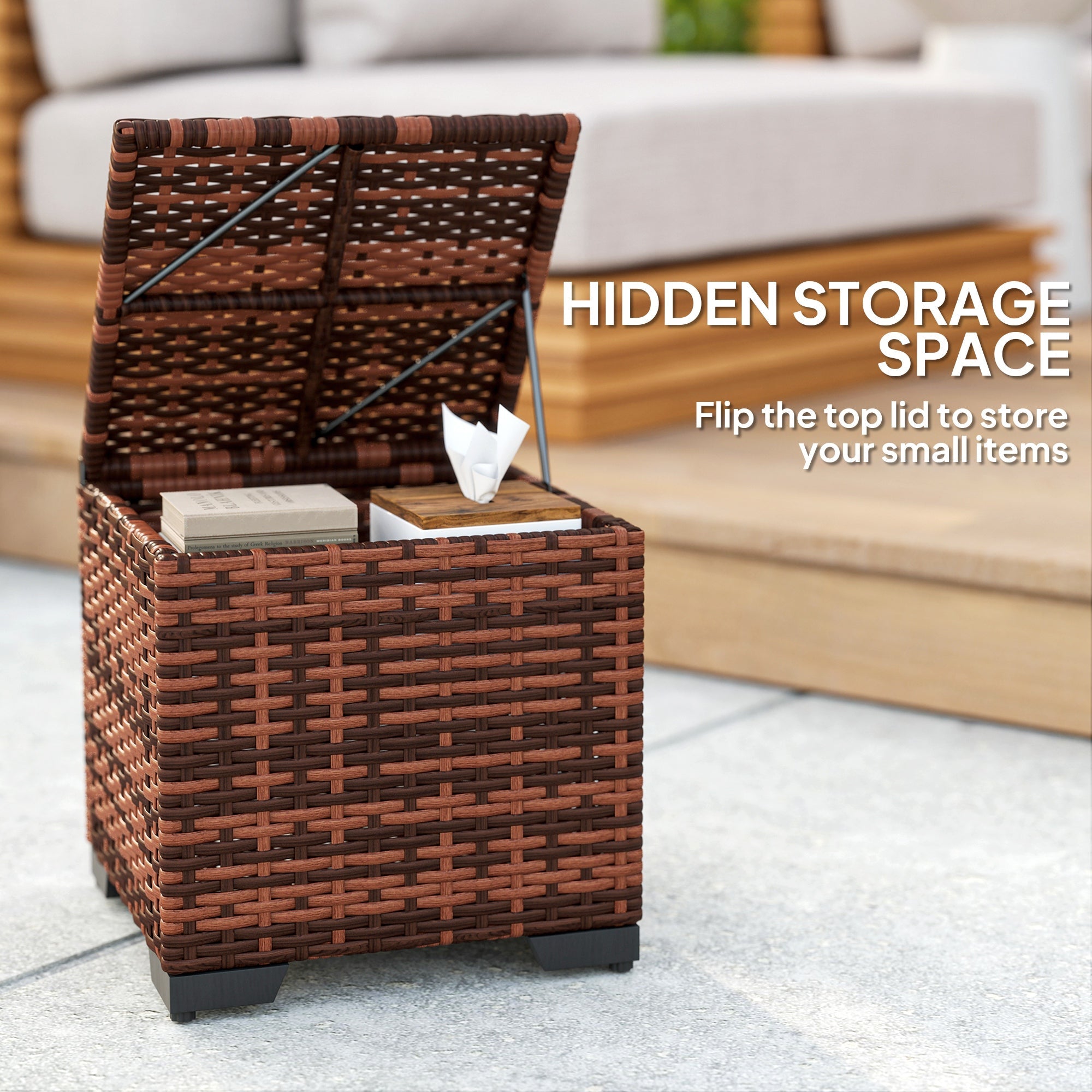 Outsunny Set of 2 Rattan Storage Ottoman, Outdoor Footstool with Removable Cushions, Garden Storage Seat for Balcony, Poolside, Living Room, Beige 