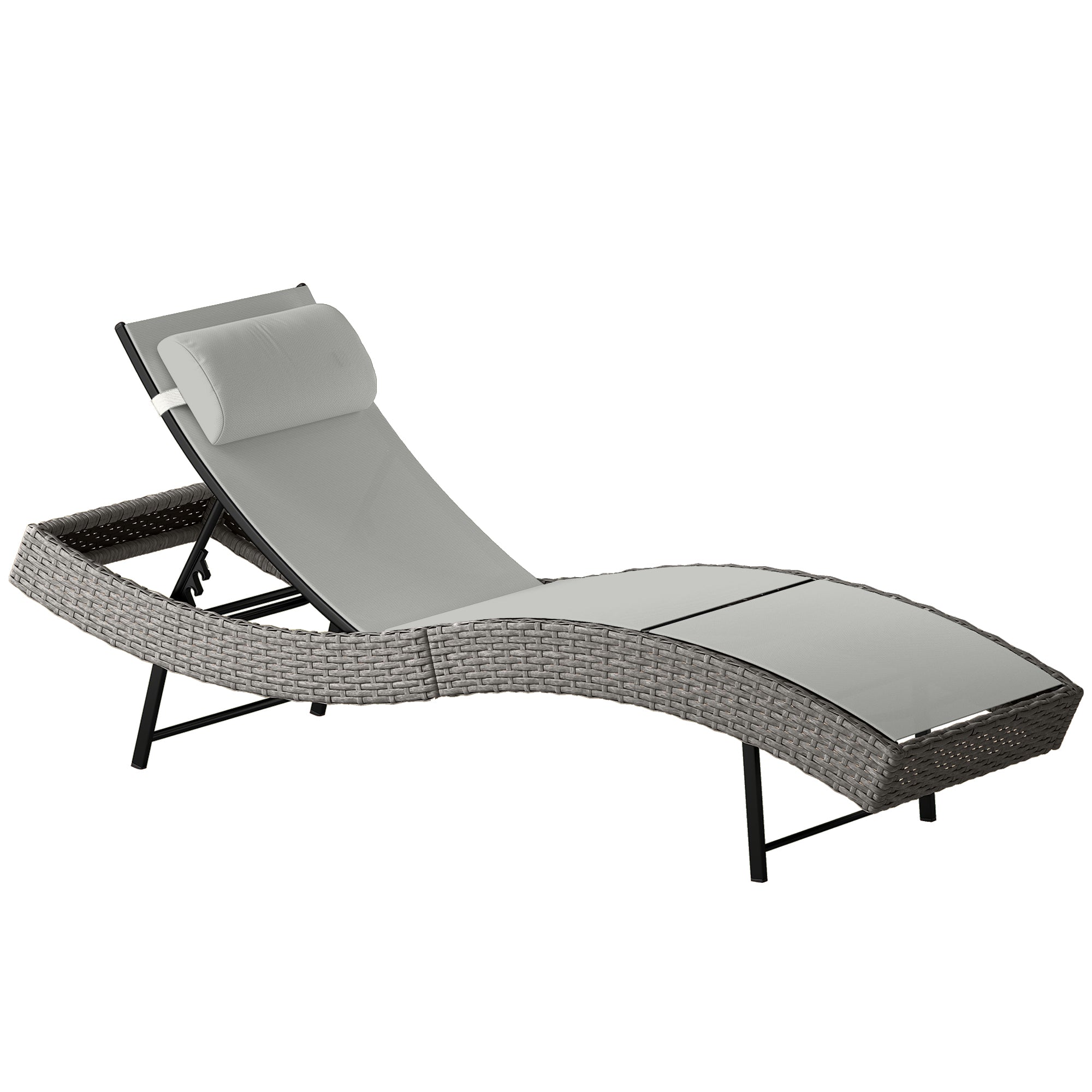 Outsunny Rattan Sun Lounger, Garden Recliner with 5 Position Adjustable Back, S Shaped Texteline Seat, Headrest, Light Grey 