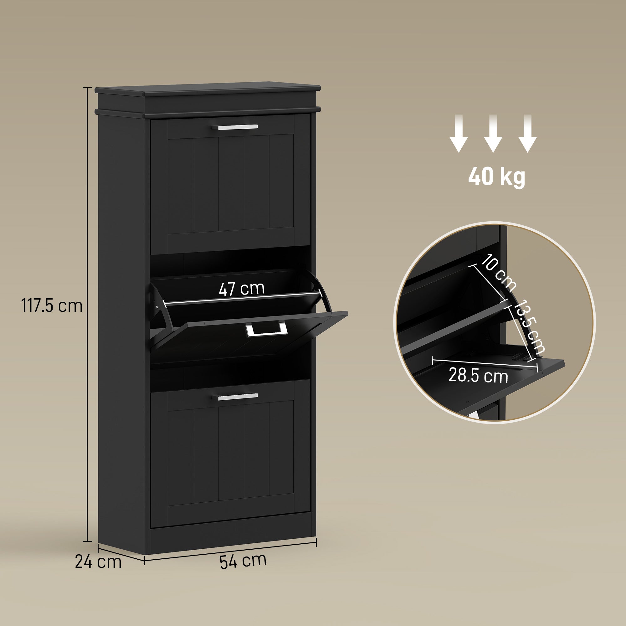 HOMCOM Three-Drawer Minimalistic Shoe Cabinet - Black 