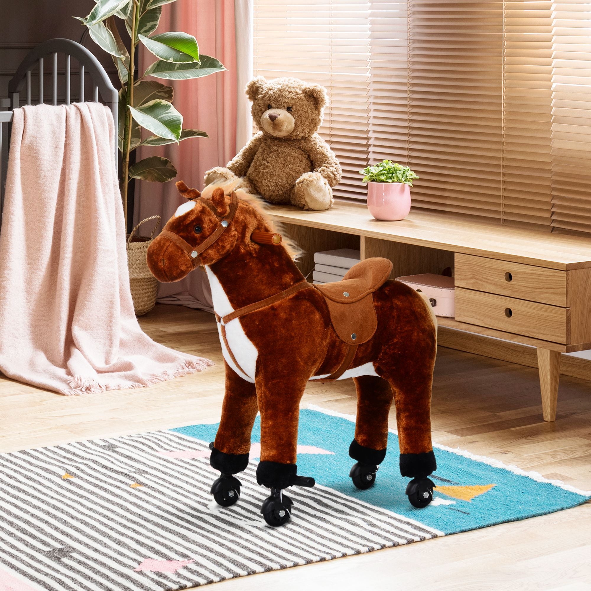 HOMCOM Plush Walking Horse Ride On Toy with Wheels and Realistic Sounds Rocking Horse for Girls Boys 3+ Years Old, 50cm Tall, Brown 