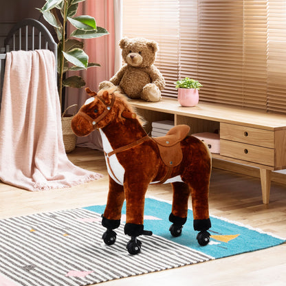 HOMCOM Plush Walking Horse Ride On Toy with Wheels and Realistic Sounds Rocking Horse for Girls Boys 3+ Years Old, 50cm Tall, Brown 