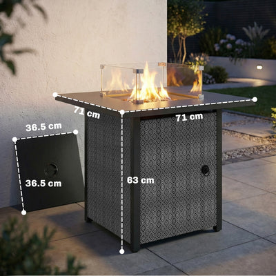Outsunny Propane Gas Fire Pit Table for Garden, 11.7 KW Smokeless Firepit Outdoor Heater with Wind Guard, Glass Rocks, Lid, Black 