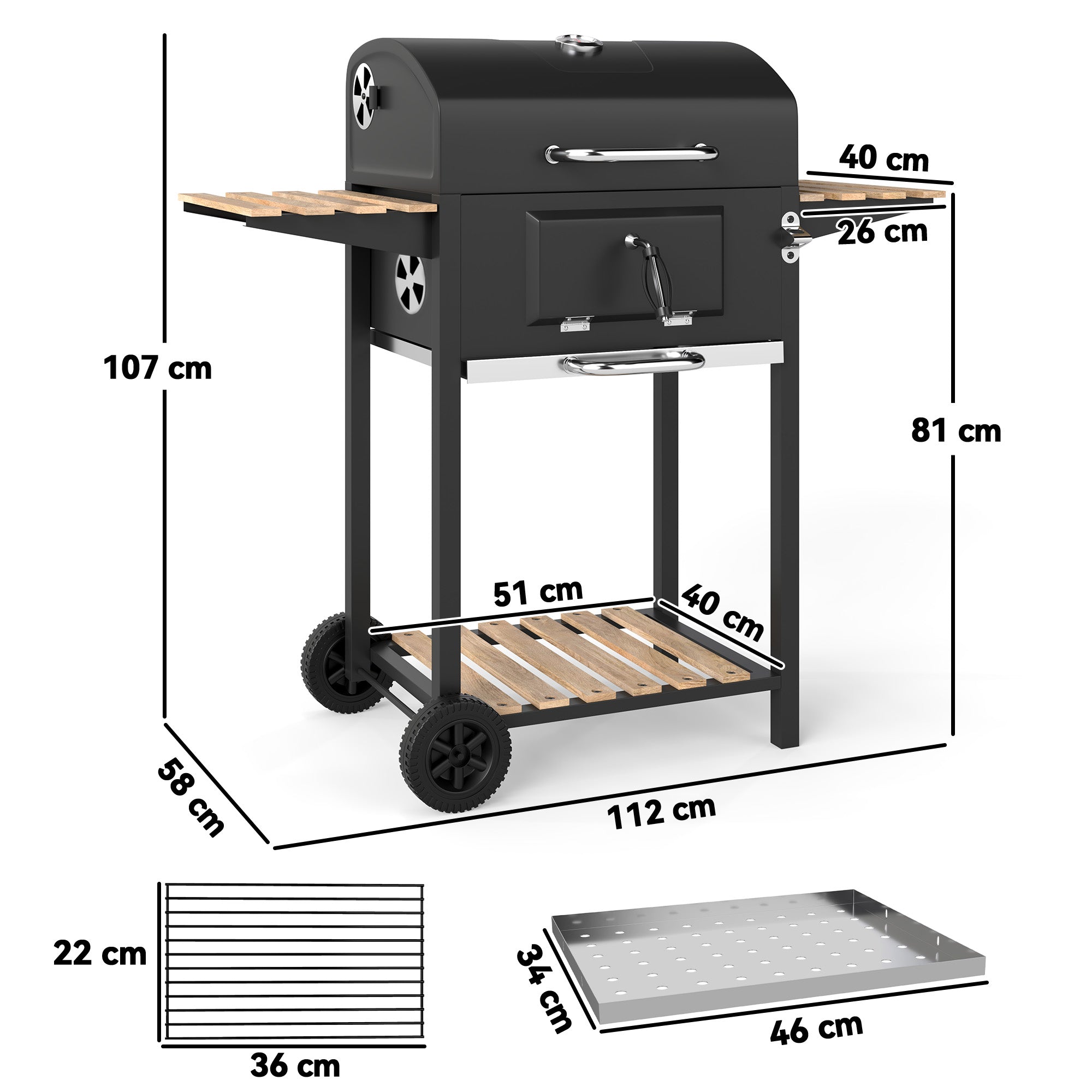 Outsunny Charcoal BBQ Grill with Height Adjustable Charcoal Pan, Portable Barbecue Smoker with Warming Rack, 3 Shelves, Temperature Gauge, Wheels, Bottle Opener for Outdoor Cooking Garden Party 