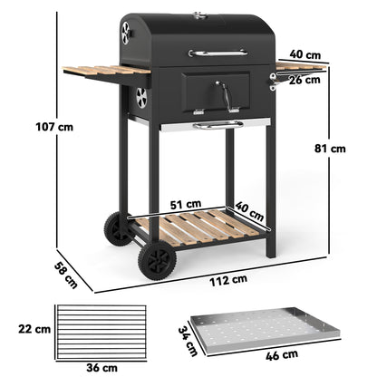 Outsunny Charcoal BBQ Grill with Height Adjustable Charcoal Pan, Portable Barbecue Smoker with Warming Rack, 3 Shelves, Temperature Gauge, Wheels, Bottle Opener for Outdoor Cooking Garden Party 