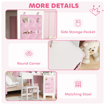 AIYAPLAY Kids Dressing Table and Stool Set, Girls Vanity Table with 2-Colour LED Lights, Tri-Folding Mirror, White 