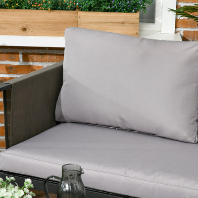 Outsunny 4 Piece Metal Garden Furniture Set with Tempered Glass Coffee Table, Texteline Pocket, Outdoor Patio Set Loveseat Single Armchairs with Padded Cushions, Light Grey 
