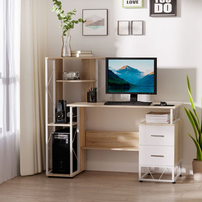 HOMCOM Computer Desk with Drawers and Bookshelf, Writing Desk for Home Office with Storage Shelves, Study Workstation, Oak 