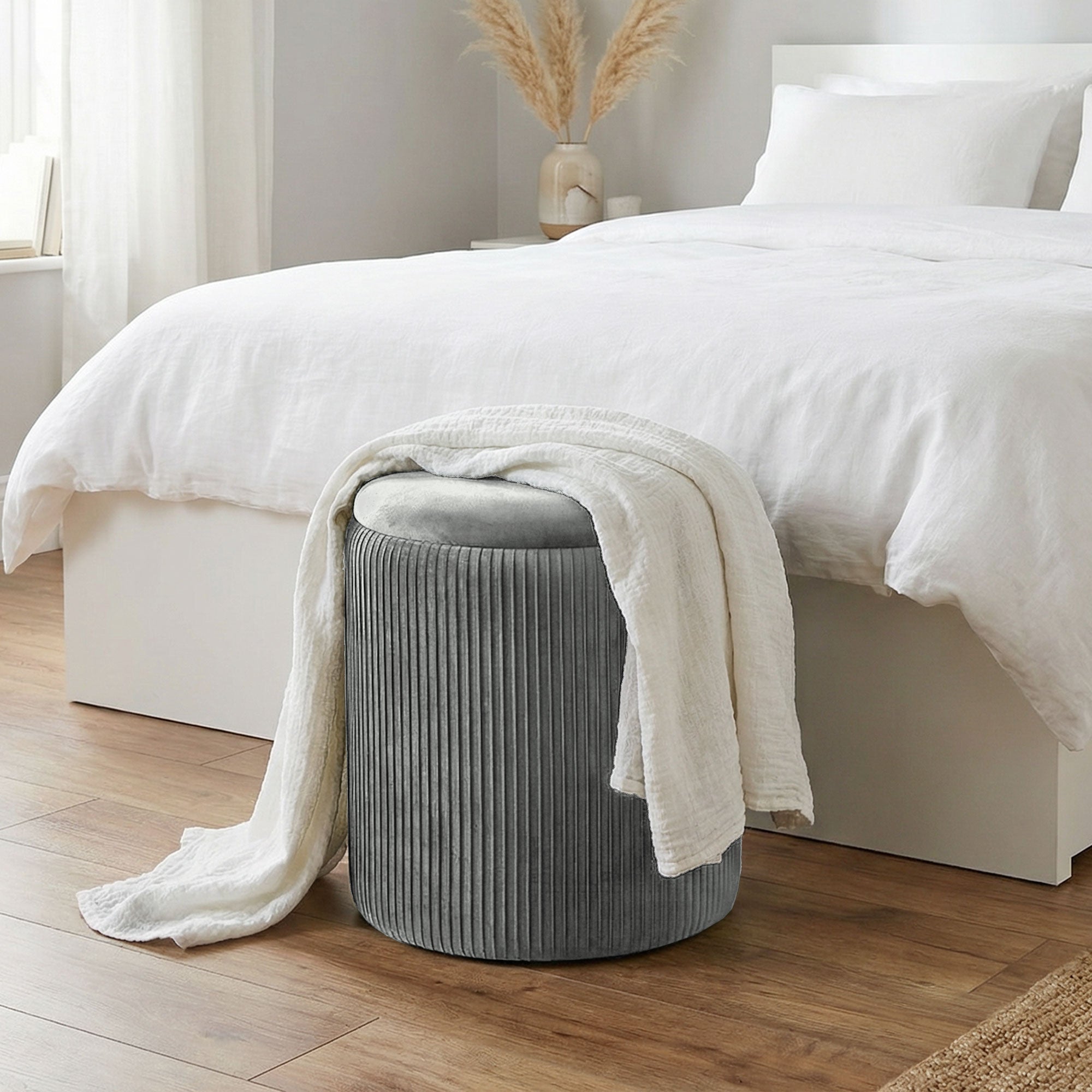 HOMCOM Storage Ottoman Modern Velvet Round Foot Stool for Living Room Bedroom 45 cm Grey 