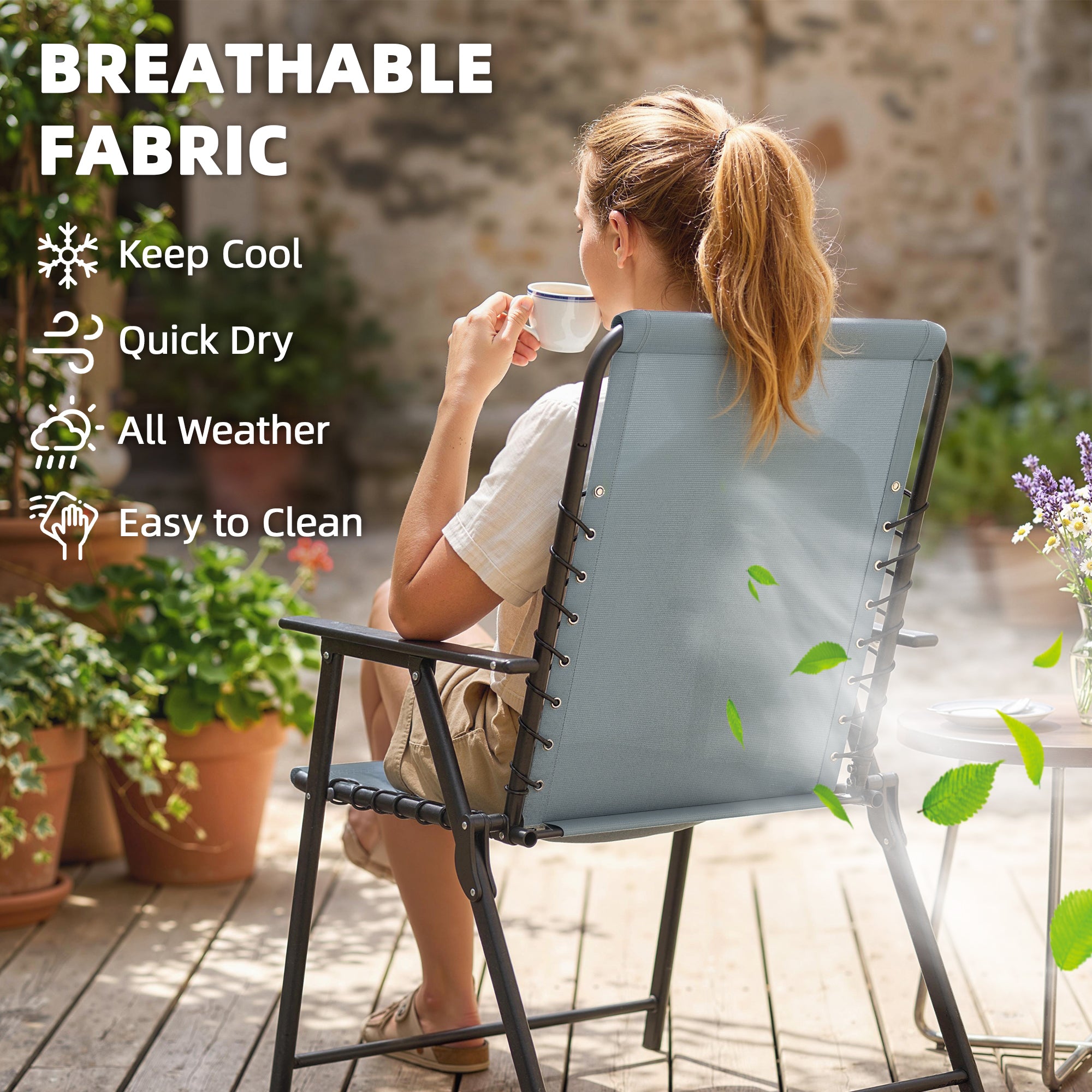 Outsunny Folding Garden Chairs Set of 2, Outdoor Dining Chairs with Wide Texteline Seat, High Back and Armrests, Light Grey 