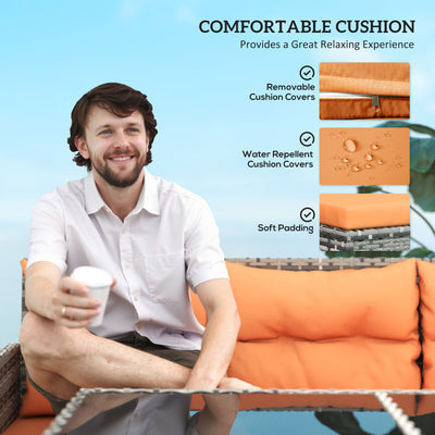 Outsunny 7-Seater Patio wicker Sofa Set Rattan Chair Furniture w/ Glass & Cushioned, Orange 