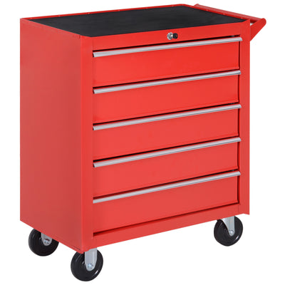 DURHAND 5-Drawer Lockable Tool Storage Cabinet with Wheels, Handle, 2 Keys, Steel Home Work DIY Workshop Chest, Garage Equipment Trolley, Red 