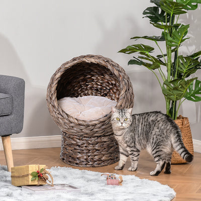 PawHut Wicker Cat Bed, Raised Rattan Cat Basket with Cylindrical Base, Soft Washable Cushion, 42 x 33 x 52cm - Brown 