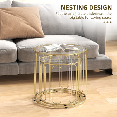 HOMCOM Round Coffee Table Set of 2, Glass Nest of Tables with Metal Frame and Tempered Glass Tabletop, Modern Side Tables for Living Room, Gold Tone 