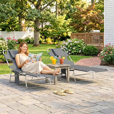 Outsunny 5-Position Adjustable Sun Loungers Set of 2 with Reading Hole and Side Pocket, Dark Grey 