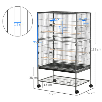 PawHut Large Bird Cage Budgie Cage for Finch Canaries Parakeet with Rolling Stand, Slide-out Tray, Storage Shelf, Food Containers, Dark Grey 