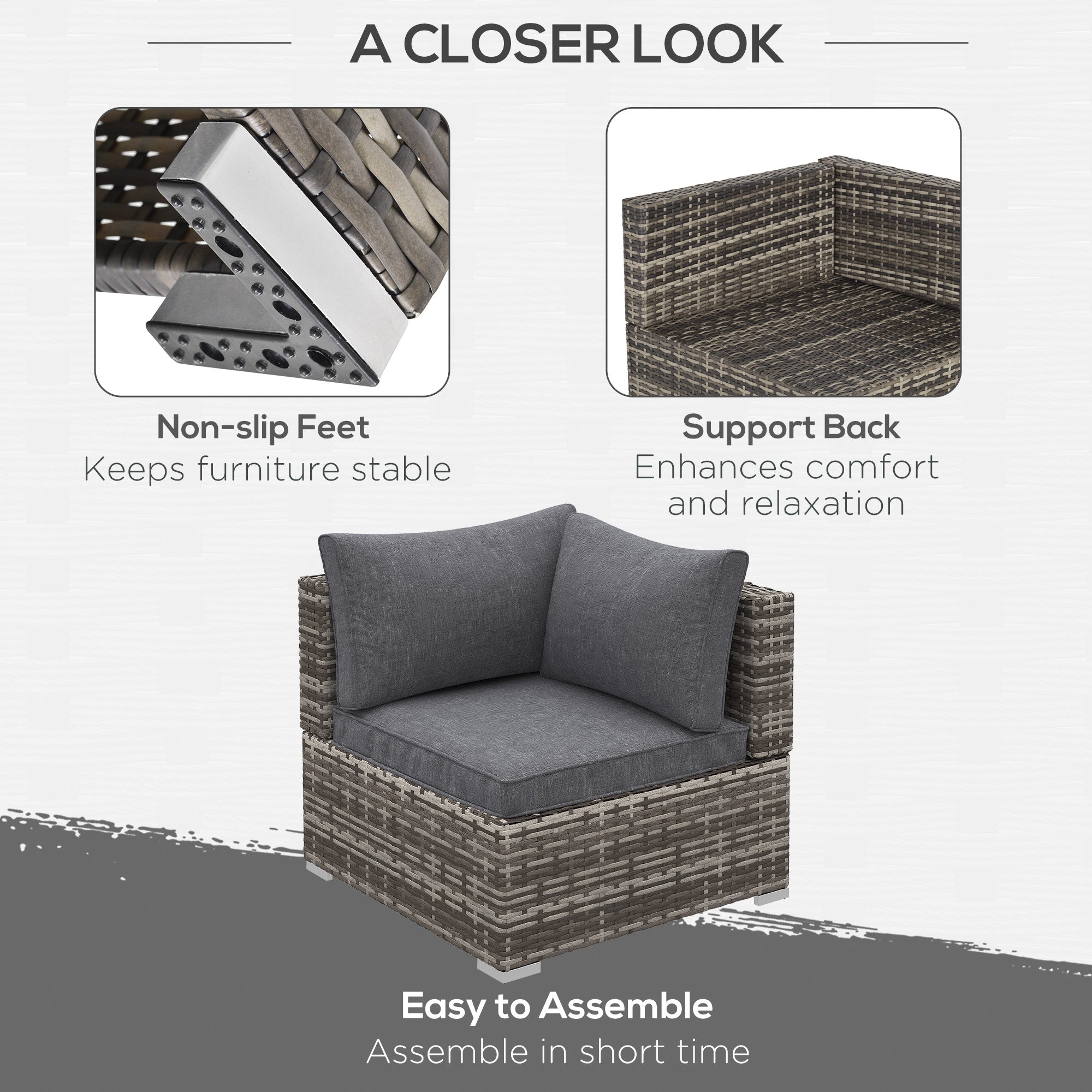 Outsunny Outdoor PE Rattan Corner Sofa, Garden Wicker Furniture Single Sofa Chair w/ Cushions, Deep Grey 