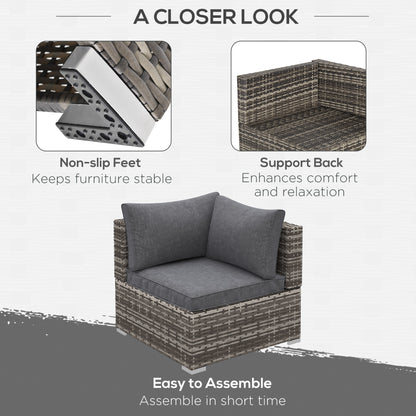 Outsunny Outdoor PE Rattan Corner Sofa, Garden Wicker Furniture Single Sofa Chair w/ Cushions, Deep Grey 