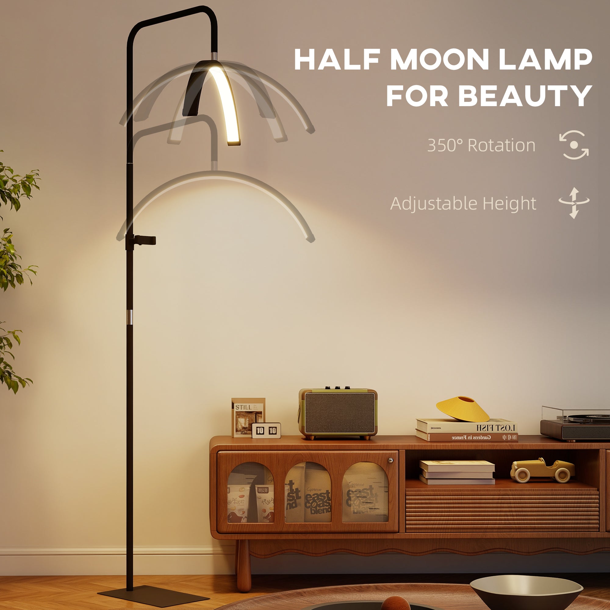 HOMCOM Half Moon Lash Light, Beauty Floor Lamp with 350° Rotatable Head, 7 Colour Temperature and Phone Holder, Dimmable Standing Lamp for Eyelash Extension, Tattoo, Nails, Skincare, Black 