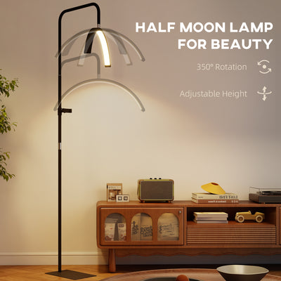HOMCOM Half Moon Lash Light, Beauty Floor Lamp with 350° Rotatable Head, 7 Colour Temperature and Phone Holder, Dimmable Standing Lamp for Eyelash Extension, Tattoo, Nails, Skincare, Black 