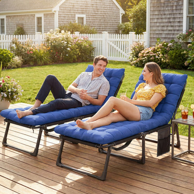 Outsunny Folding Sun Loungers for Garden Set of 2, 5-Position Oversized Camping Bed Recliner with Cushions, Blue 