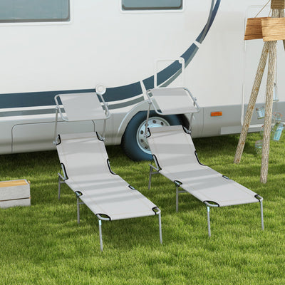Outsunny Outdoor Foldable Sun Lounger Set of 2, 4 Level Adjustable Backrest Reclining Sun Lounger Chair with Angle Adjust Sun Shade Awning for Beach, Garden, Patio, Light Grey 