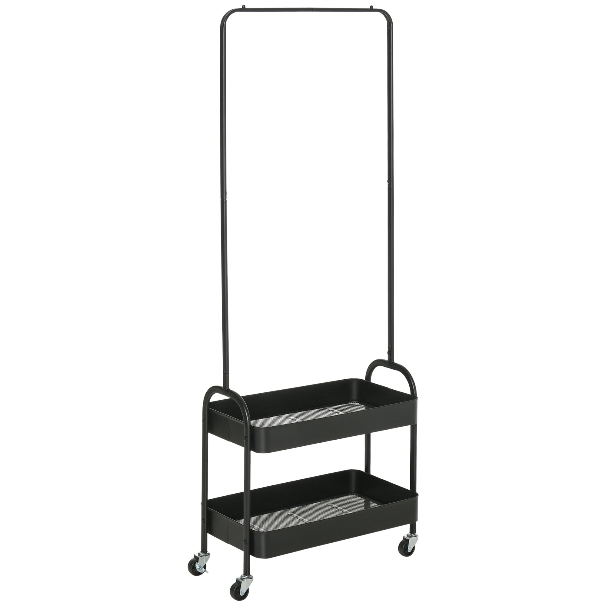 HOMCOM Metal Clothes Rack with Shoe Storage, Clothing Rail on Wheels, Freestanding Hall Tree, Coat Stand with 2 Storage Shelf, Black 