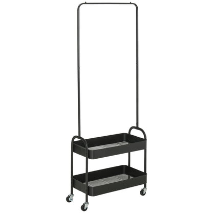 HOMCOM Metal Clothes Rack with Shoe Storage, Clothing Rail on Wheels, Freestanding Hall Tree, Coat Stand with 2 Storage Shelf, Black 