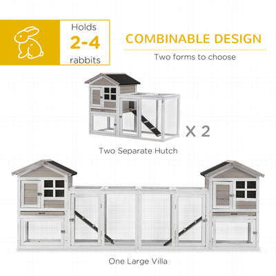 PawHut 2 in 1 Rabbit Hutch Outdoor Guinea Pig Hutch Bunny Run Double Main House with Run, No-Leak Tray 259 x 64 x 92cm, Grey 