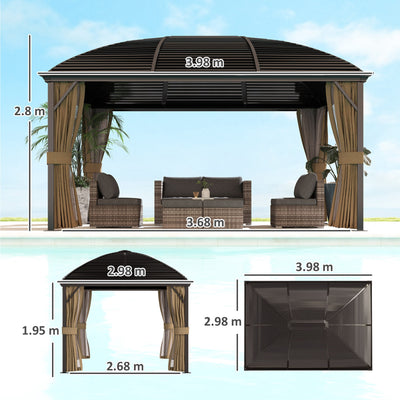 Outsunny 3 x 4m Hardtop Gazebo Canopy with Metal Roof, Aluminium Gazebo Permanent Pavilion with Netting and Curtains, Brown 
