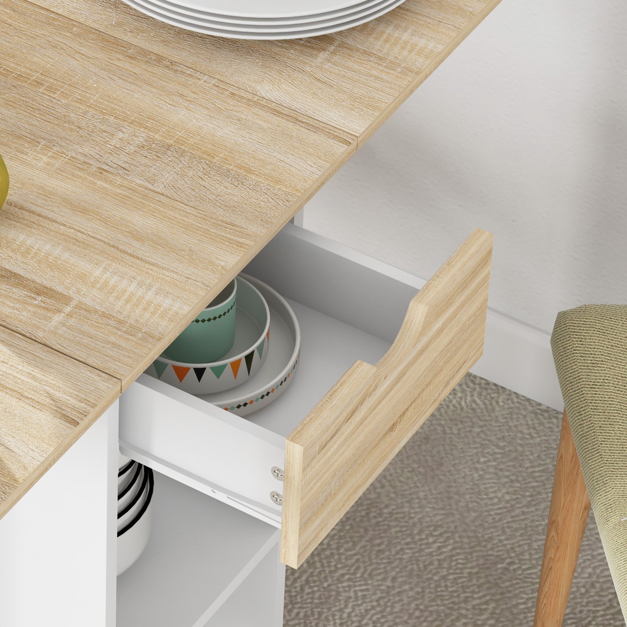 HOMCOM Folding Dining Table, Drop Leaf Table for Small Spaces, Foldable Table with Drawer and Storage Shelves for Kitchen, Dining Room, Oak 